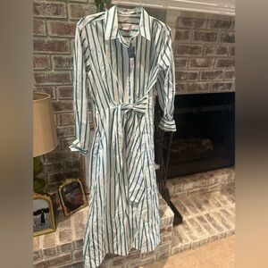 Universal Thread Green and White Striped Tie-Waist Shirt Dress